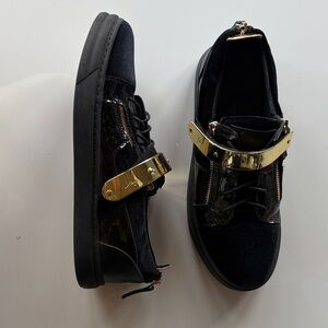 Giuseppe Zanotti Black Leather and Velvet Sneakers with Gold Accents